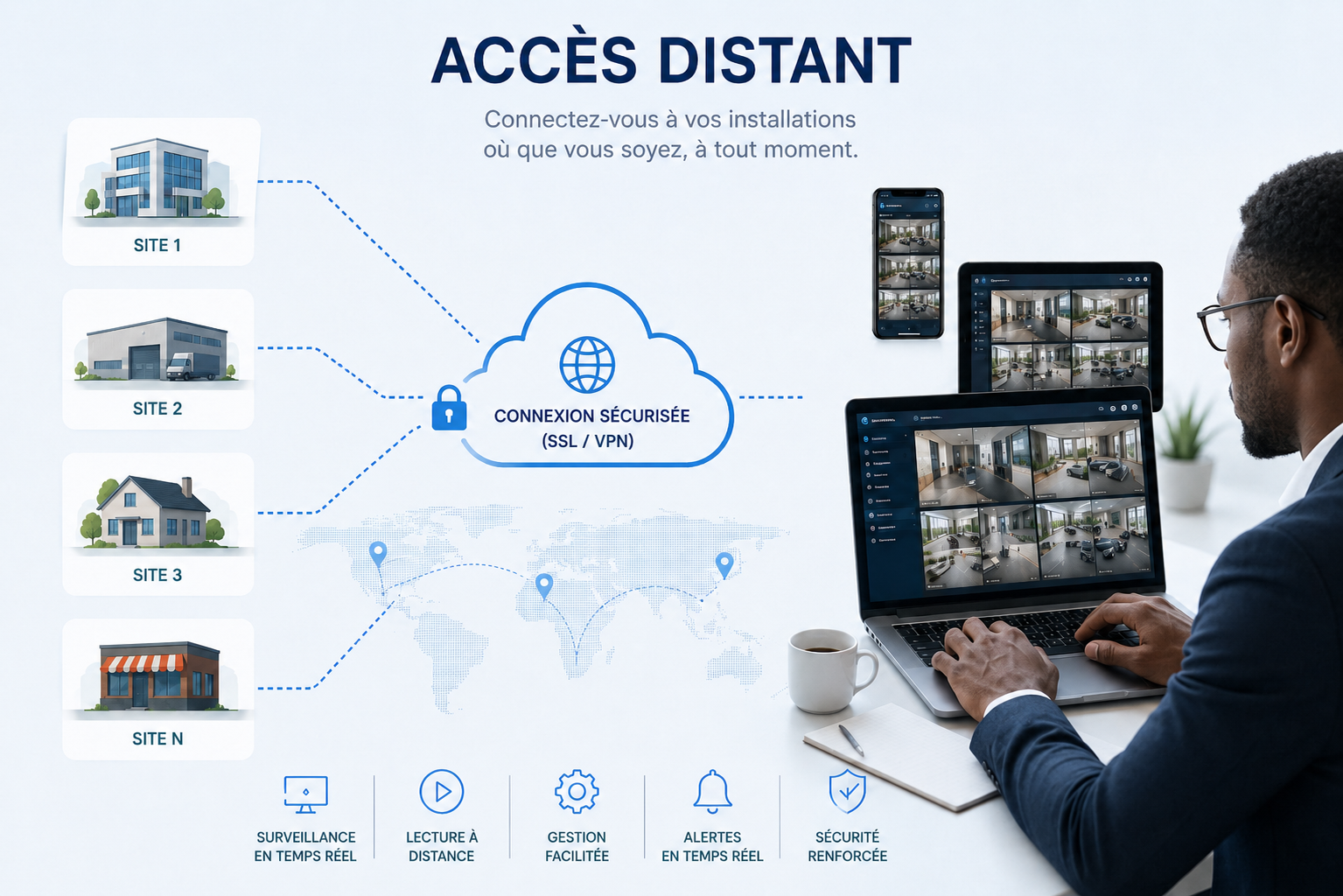 Schéma d'accès distant sécurisé aux caméras de vidéosurveillance OneSoft depuis plusieurs sites